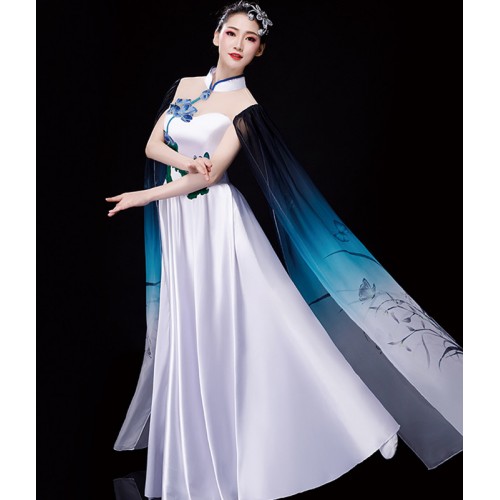 Blue green gradient chinese folk classical dance costumes fairy hanfu princess performance clothes female water sleeve chorus dance dress guzheng long skirt